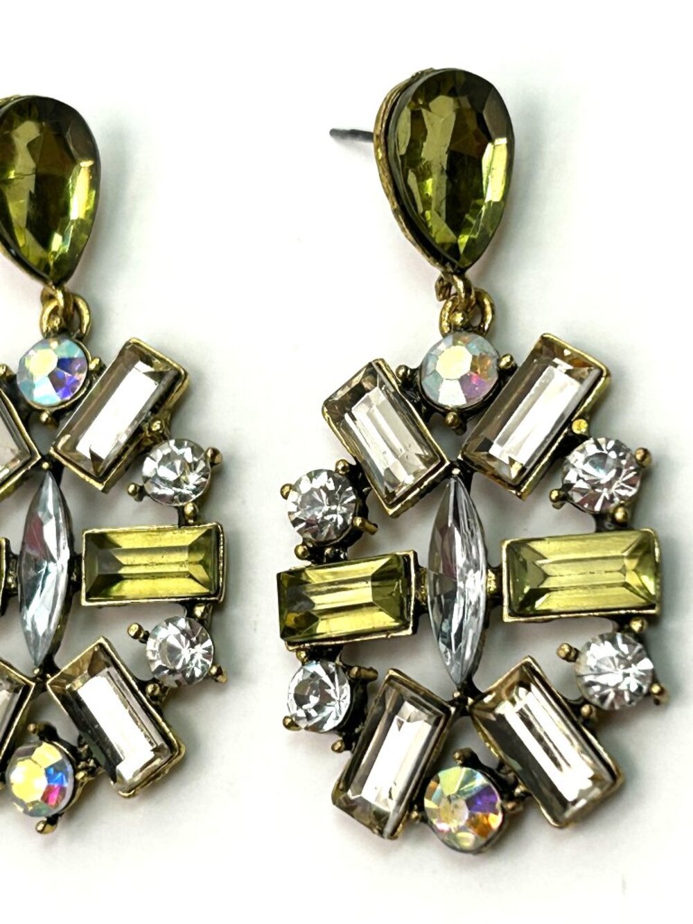 Vintage Green Rhinestone Statement Dangle Earrings Gold Tone AB 2.25"